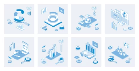 Selbstklebende Fototapeten Data analysis 3d isometric concept set with isometric icons design for web. Collection of charts and graphs, marketing research, financial diagrams report, statistic information. Vector illustration © alexdndz