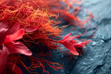 Vivid Red Saffron Threads and Flowers on Slate Background