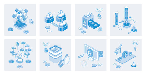 Cryptocurrency 3d isometric concept set with isometric icons design for web. Collection of blockchain technology, trading and mining coins, bitcoins investments, financial growth. Vector illustration