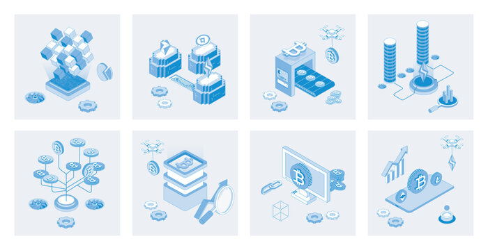 Cryptocurrency 3d isometric concept set with isometric icons design for web. Collection of blockchain technology, trading and mining coins, bitcoins investments, financial growth. Vector illustration