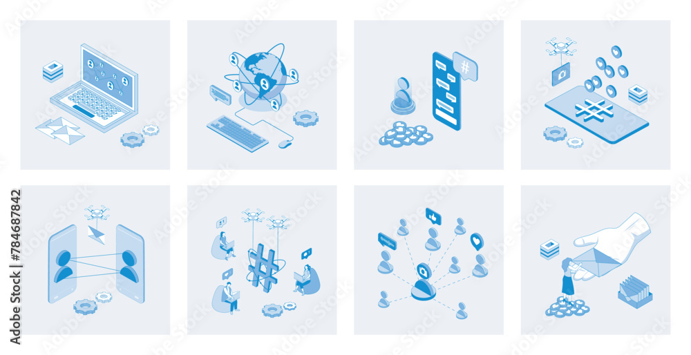 Fototapete social network 3d isometric concept set with isometric icons design for web. collection of internet 