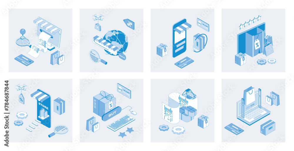Aufkleber online shopping 3d isometric concept set with isometric icons design for web. collection of orders p
