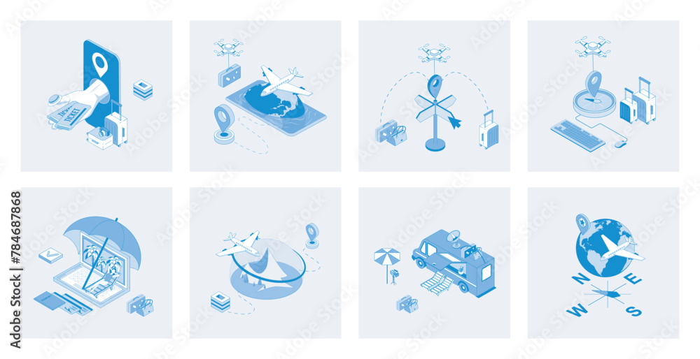 Wall mural travelling 3d isometric concept set with isometric icons design for web. collection of online ticket