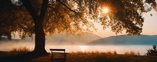 Empty park bench facing lake at sunset  - obrazy, fototapety, plakaty