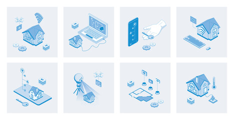Smart home 3d isometric concept set with isometric icons design for web. Collection of wireless connection, automation house monitoring sensor system, surveillance security camera. Vector illustration - obrazy, fototapety, plakaty