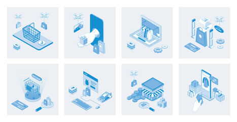 Shopping 3d isometric concept set with isometric icons design for web. Collection of online purchases at stores or supermarkets, bargain prices in mobile app, credit card payment. Vector illustration