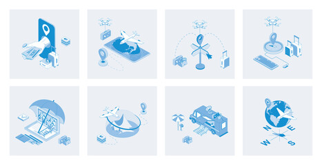 Travelling 3d isometric concept set with isometric icons design for web. Collection of online tickets booking, passenger flight transportation, resort tour, summer trip location. Vector illustration
