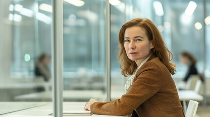 A photo of an european woman in her late-40s, sitting at a table ressed as employee of a corporate, in a stylish co-working space. The meeting space has white tables, glass walls