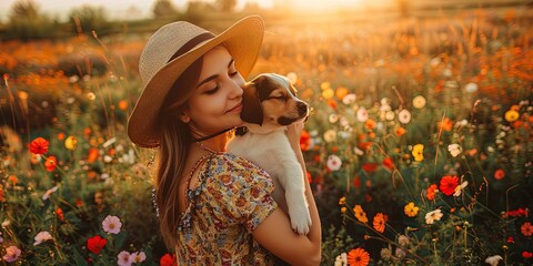 photo of Beautiful woman in summer dress holding puppy enjoying life in beautiful flower field