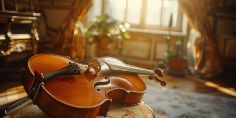 Sunlit Vintage Violin in a Cozy Interior Room Setting - obrazy, fototapety, plakaty