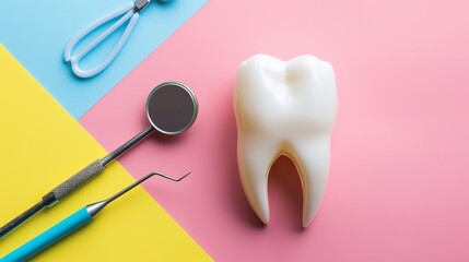 Learn about dentistry. Here's a picture of a tooth and dental tools on a colorful background. You can add your own text to it. - obrazy, fototapety, plakaty