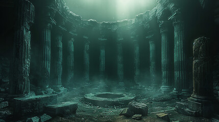 A dark Greek-style fighting arena with stone pillars and columns, with an empty circle in the...