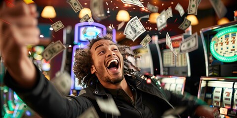 photo of excited person in casino, cash overflowing from slot machine 