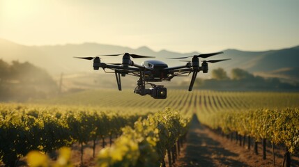 A drone equipped with AI technology flies over a vineyard, showcasing the fusion of automation and viticulture. - obrazy, fototapety, plakaty