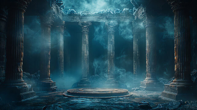 A dark Greek-style fighting arena with stone pillars and columns, with an empty circle in the center of the stage. The background is dark and mysterious. 16:9