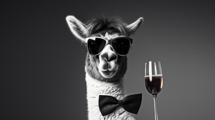 Fototapeta premium Elegant llama wearing stylish sunglasses, standing by a champagne bottle, in a black and white portrait, simple white backdrop.