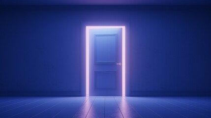 Explore illumination in a metaphorical 4k setting, featuring a lone doorway emitting a soft, inviting glow in a minimalist room.