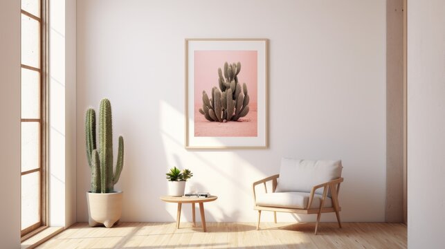 Elegant cactus in soft pink and neutrals, minimalist print design against white window shutters, in high-res 4k poster art style.