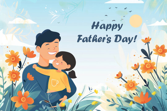 Illustration of father and child standing and huging together, wallpaper poster card for celebration of international Father's day
