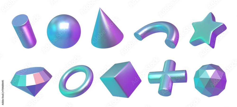 Poster 3d shapes. abstract holographic objects, circle, cube and star elements render, metal ball sphere an