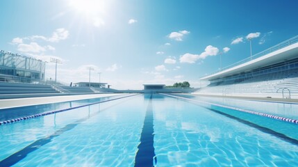 Obraz premium The inviting crystal-clear waters of an Olympic-sized pool shimmer under the bright sun.