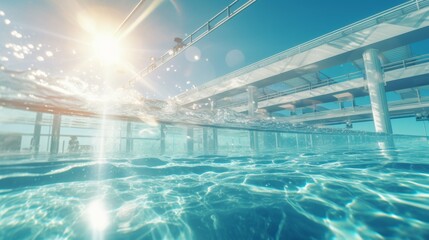 The inviting crystal-clear waters of an Olympic-sized pool shimmer under the bright sun.