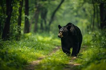 Majestic black bear wandering calmly on a forest trail. Wildlife in natural habitat. Serene nature scene. Generative AI