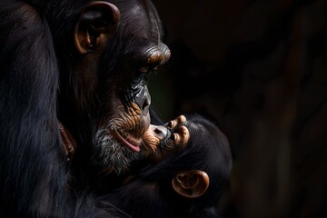 Tender Moment Between Chimpanzee Mother and Baby in Soft Light. Close-up Shot of Primate Family. Emotive Wildlife Photography. Generative AI - obrazy, fototapety, plakaty