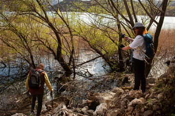 senior couple hiking outdoor, man and woman norwegian walking with sticks