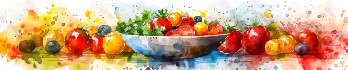Splash of Watercolor Tomatoes and Fresh Greens - obrazy, fototapety, plakaty