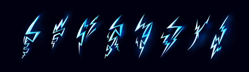 Lighting effect. Electric thunder game spark or energy flash light, blue thunderbolt fantasy form, storm power. High voltage symbol. Glossy isolated elements. Vector cartoon background