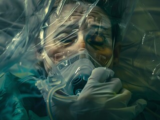 Intense medical emergency scene with a focus on a weary healthcare worker. Dramatic hospital imagery. Stressful work environment captured. Generative AI.