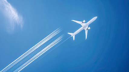 Fototapeta na wymiar airplane tracks in the air, blue sky background, plane tracks in the sky