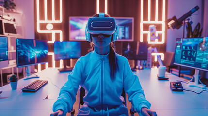 Female using VR headset at table in virtual reality environment