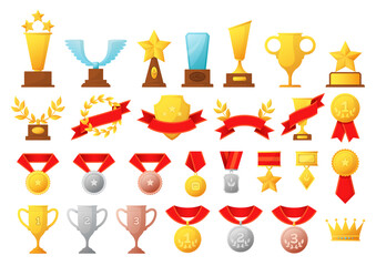 Winner trophy. Golden and glass cups, medals with red ribbons and badges. First and second place. Competition champ achievement set. Victory triumph icons. Vector flat isolated illustration