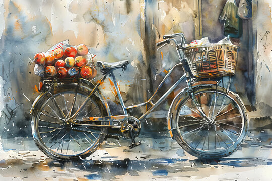 Vintage Bicycle Laden with Fresh Apples on a City Street