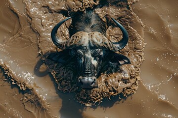 Close-up of muddy water buffalo submerged in water. Wildlife photography. Bold and textured animal image. Generative AI