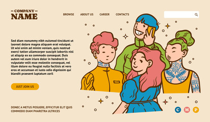 People team. Business crew persons. Website landing page. Company unity as woman or man career community. Interface template. Persons teamwork. Office staff communication. Vector background
