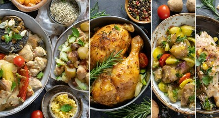 Collage of food in the dishes. A variety of food, vegetables, chicken, close-up and top view 