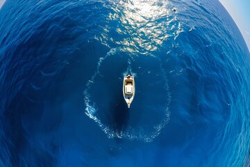 Solitary yacht on tranquil ocean. Aerial view of luxury boat. Peaceful sea navigation. Travel and leisure concept in natural setting. Generative AI