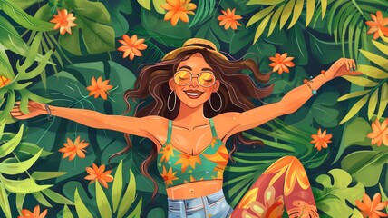 Happy woman dancing in tropical jungle setting - A joyful young woman dances carefree among lush tropical plants and vibrant flowers