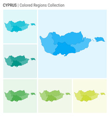 Cyprus map collection. Country shape with colored regions. Light Blue, Cyan, Teal, Green, Light Green, Lime color palettes. Border of Cyprus with provinces for your infographic. Vector illustration.