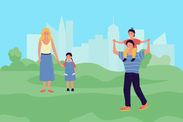 Parents and kids. Cartoon people walking with happy children. Family outdoor leisure. Stroll in meadow. Joyful mother and father together with babies. City park. Vector illustration