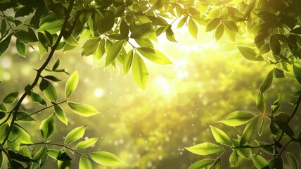 Sunlight piercing through fresh green leaves - A lush canopy of green leaves filters the golden sunlight, creating a serene and tranquil mood in a natural environment