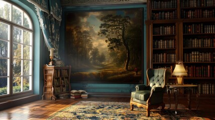 Elegant study room with forest painting - A luxurious study with a grand window and bookcases, centered around a large forest landscape painting - obrazy, fototapety, plakaty