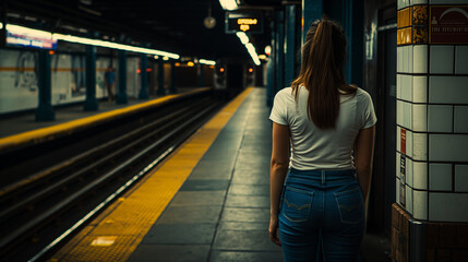 A woman is wearing a white short-sleeved t-shirt and blue jeans, waiting for the subway at a subway station in New York