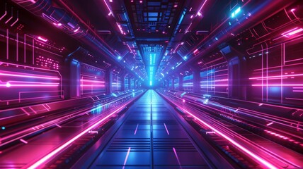 Fototapeta na wymiar Vibrant sci-fi tunnel with neon lighting - A vibrant science fiction tunnel with intense neon lighting, creating a dynamic and electrifying atmosphere
