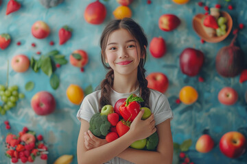 Fototapeta na wymiar Happy girl holding fresh vegetables