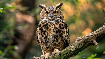 Intense gaze of the majestic horned owl on branch - A vivid close-up of a horned owl perched serenely on a tree branch, displaying its natural beauty and piercing gaze