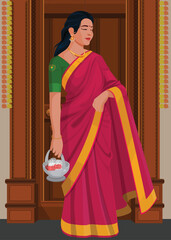 Indian woman In Saree, Going To Temple with traditional outfit